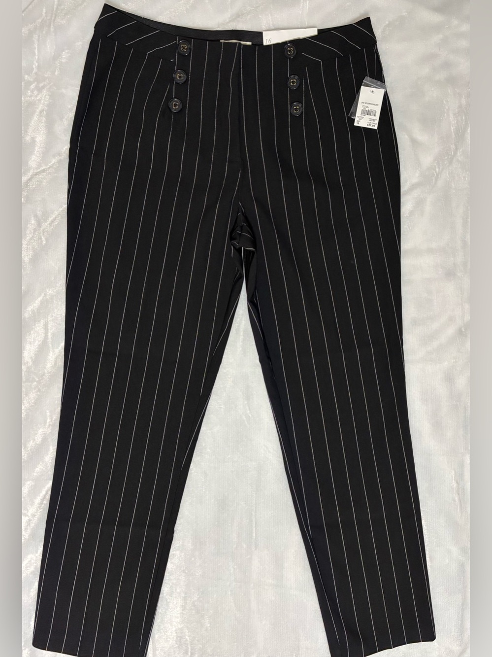 CATO trousers, black dress pinstripe with sailor button detail and back pockets